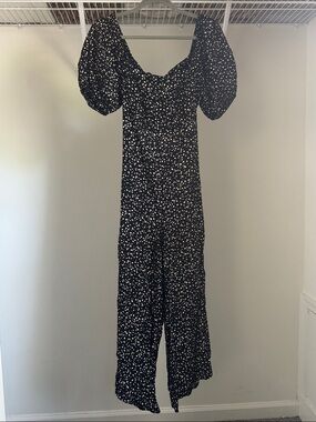 Black Puff-Sleeve Jumpsuit with White Dot Print